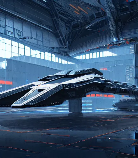 Image similar to highly detailed cyberpunk Spaceship hangar concept art, artstation