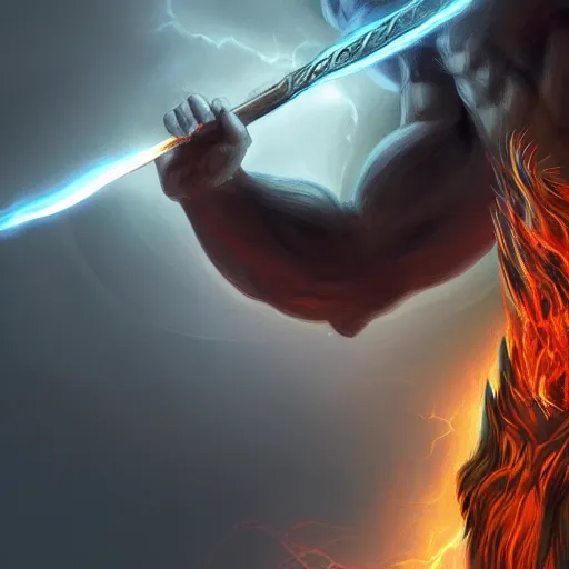 Prompt: Digital painting of Zeus with a lightning sword, hyperdetailed, artstation, terrifying, cinematic lighting, 8k
