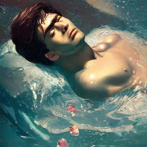 Prompt: high angle picture of an elegant man relaxing in crystal waters, extremely beautiful and aesthetic and detailed, with familiar sprites, chiaroscuro, intricate, masterpiece, fantasy illustrations by ilya kuvshinov and jeremy lipking and quentin mabille