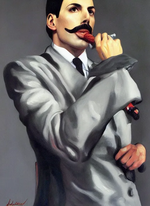 Image similar to a portrait painting of Freddie Mercury by John Currin