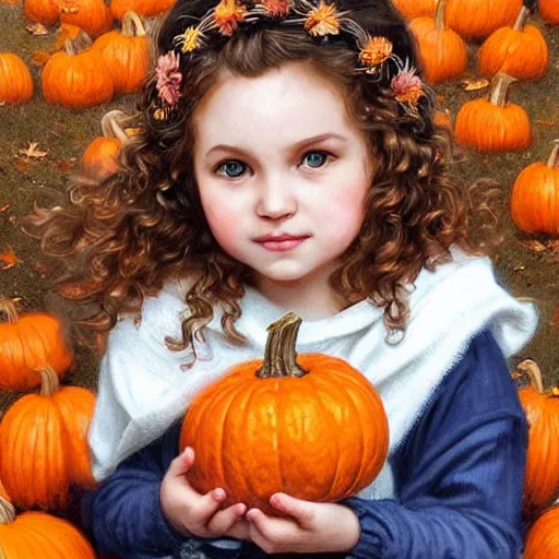 Image similar to a cute little girl with light brown wavy curly hair and blue eyes sitting amidst piles of pumpkins. beautiful cute highly detailed face. she is wearing a crown of autumn leaves. autumn and fall and halloween themed painting by artgerm and greg rutkowski and bouguereau.