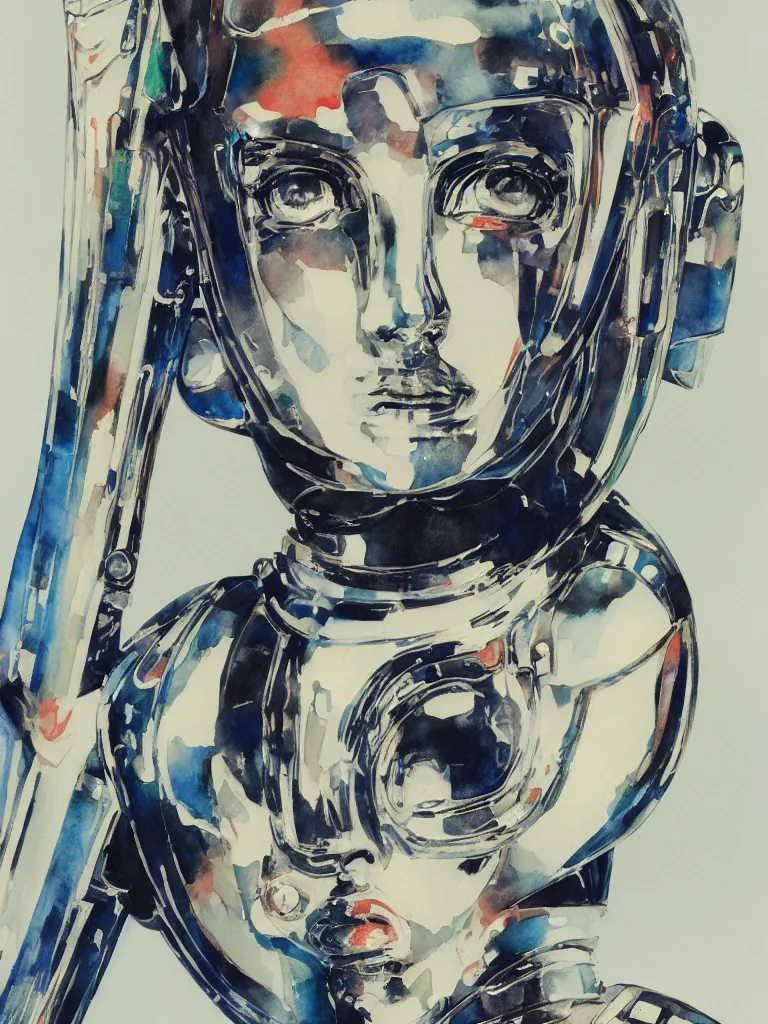 Prompt: a Royal portrait of chrome android woman as illustrated by Yoshitaka Amano. 1991. Watercolor and Acrylic on Paper