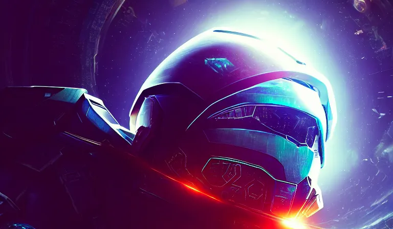 Image similar to cyberpunk halo helmet on space, planet behind, close shot, reflection, epic, dramatic, cinematic, award winning, ultra detailed, realistic, 8k,