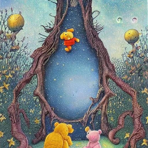 Prompt: alien Winnie the Pooh, artwork by Daniel Merriam,