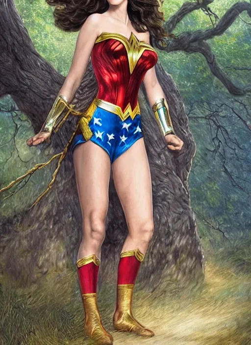 Image similar to Alexandra Daddario as Wonder women, taking a rest under tree after an long adventure, a ruggedly muscled handsome heroine, intricate, elegant, highly detailed, centered, digital painting, artstation, concept art, smooth, sharp focus, illustration, artgerm, donato giancola, Joseph Christian Leyendecker, WLOP, Artgerm, thunder storm