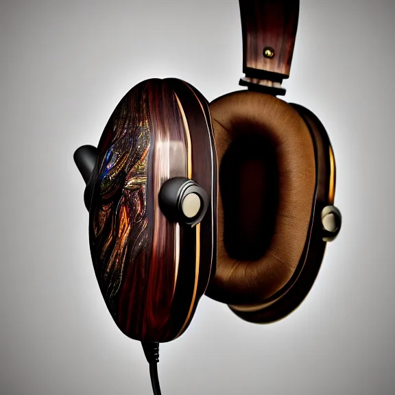 Prompt: masterpiece photo of beautiful hand crafted artistic detailed transparent headphones, bismuth metal, electronics see through, plush leather pads, displayed on mahogany desk, modernist headphones, bismuth beautiful well designed, hyperrealistic, audiophile, intricate hyper detail, extreme high quality, photographic, audeze, sennheiser, raal, bang olufsen, abyssal