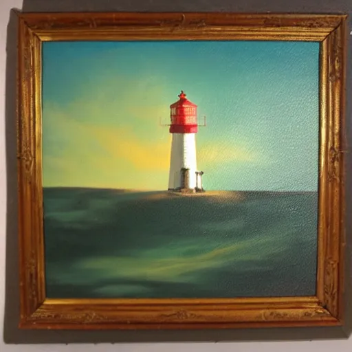 Image similar to oil painting of little lighthouse on the moon