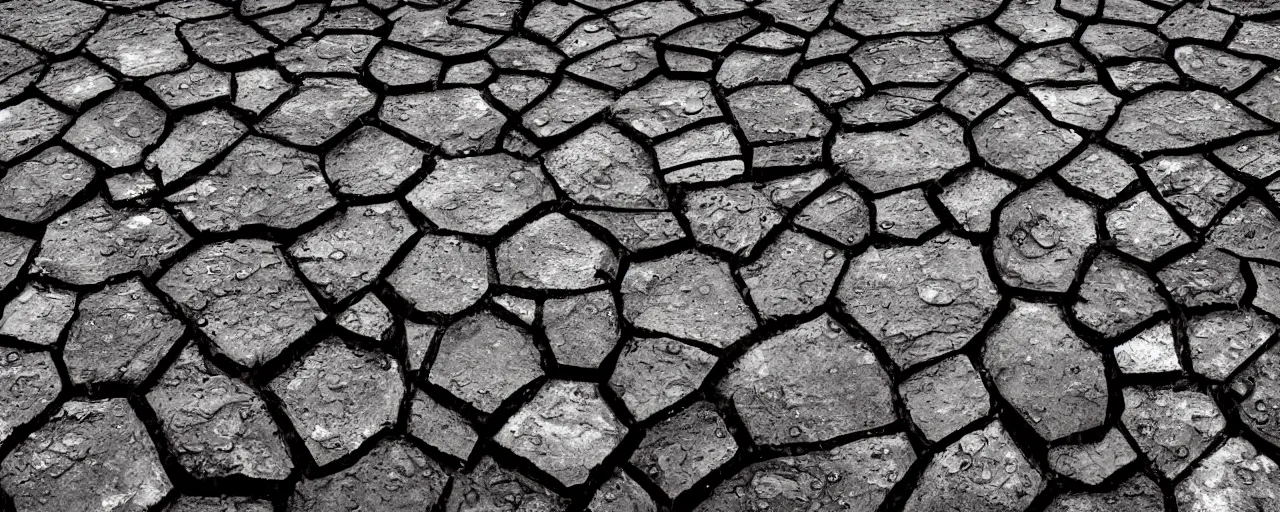 Image similar to rocky hexagon formations, rainy, wet, puddles, overcast, landscape