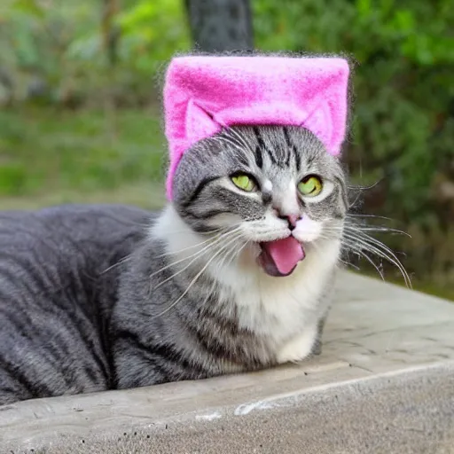 Image similar to cute cat photo, wearing wool hat, tongue mlem, cat ears