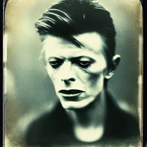 Prompt: old photo of david bowie, daguerrotype, tintype, dirty. faded. old photograph, polaroid, highres, wet plate collodion,