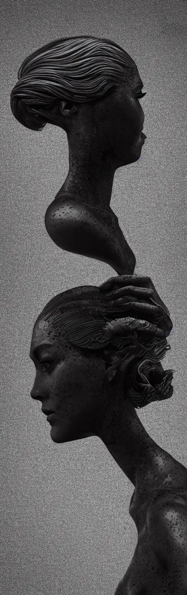 Image similar to epic illustration, digital abstract sculpt of beautiful female face silhouette and black swirling concrete acrylic portrait, black latex sculpt, octane render, mechanical superstructure, sacred geometry, glowing edges, magic hour, beautiful light, sculpture of carving marble, dark colors, dark mood, one point light, clockwork, epic matte painting, concept art, bokeh, digital painting, artstation