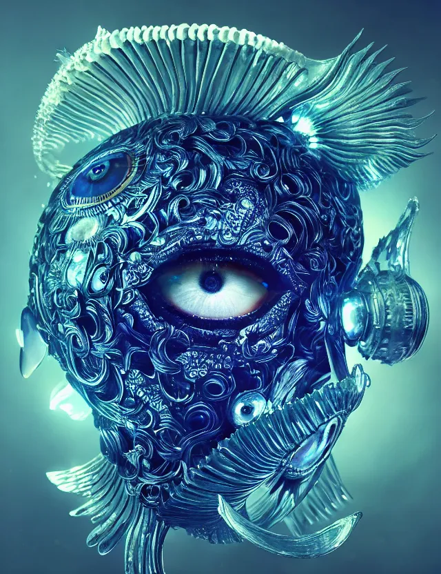 Image similar to eye of god macro close - up portrait with mask made of ram skull. betta fish, jellyfish phoenix, bioluminiscent, plasma, ice, water, wind, creature, super intricate ornaments artwork by tooth wu and wlop and beeple and greg rutkowski