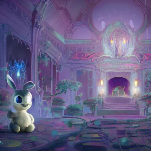 Prompt: ghost mansion, expressive eyes, floating, rbc, bunny, radiolaria, protophyta, micro - organisms, center frame, symmetric, rim light, marine microbiology, bioluminescence, electric, fur, soft, concept art, intricate details, highly detailed, colorful, photorealistic, disney pixar, octane render, iridescent, anime