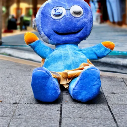 Prompt: blue'snappy gifts'plush doll, on sidewalk, handing out gifts, happy atmosphere, high detail, soft lighting, 8 k