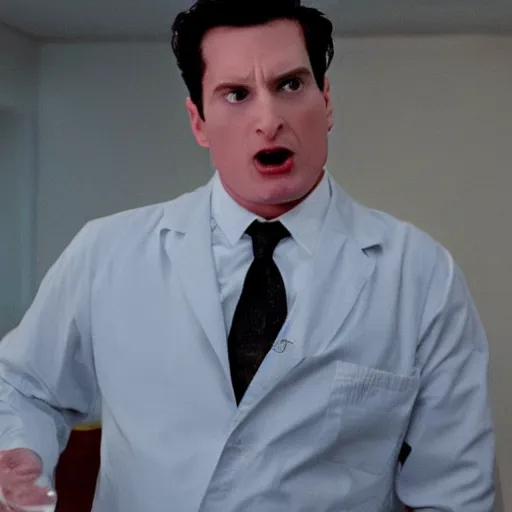 Image similar to very overweight Patrick Bateman, movie still, realistic