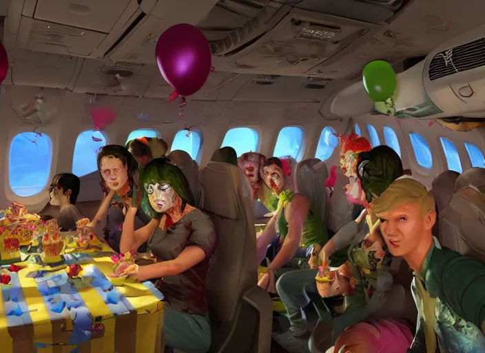 Prompt: boeing 737 cabin, zombies, birthday party, party hats, balloons, birthday cake, candles, realistic, wide angle, Unreal 5 engine, trending on artstation, by Huang Guangjian and Gil Elvgren and Sachin Teng