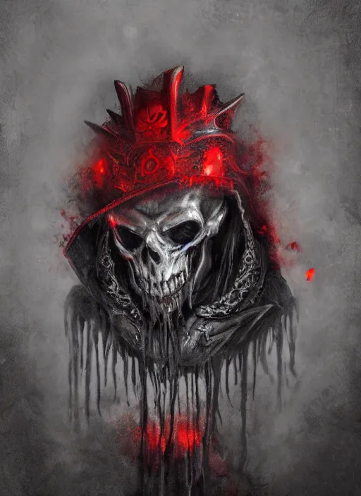 Image similar to the ghost - spirit of the grim - hatter wears the scarlet skull armor and blood crown, midnight fog - mist!, dark oil painting colors, realism, cinematic lighting, various refining methods, micro macro autofocus, ultra definition, award winning photo