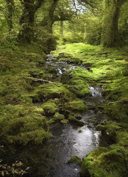 Image similar to there is a place in wales, tucked out of view magic happens, only seen by a few. for just one day, for only just one hour. the last summer's day break at gelli aur. there you must follow a winding trout stream. search all the oaks with a tiny light beam, inspired by greg rutkowski and charlie bowater