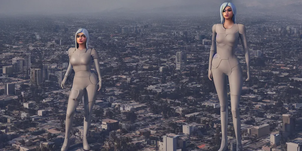 Prompt: aerial view of a dystopian kylie jenner statue in the middle of los angeles, orwellian, by neil blevins, high detail, digital art, pop art style, death stranding art style, cinematic lighting, artstation, cgsociety, unreal engine 5 render, octane render, 3 5 mm film grain