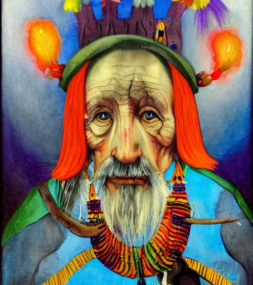 Image similar to Portrait painting in a style of Hieronim Bosch of an old shaman dressed in a colorful traditional clothes.