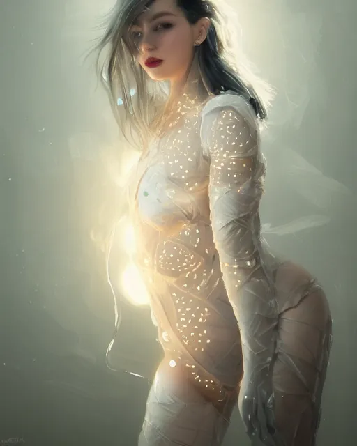 Prompt: olivia wearing an outfit made from light bulbs, half body portrait, 3 d animation, black hair, freckles, pale skin, photo by greg rutkowski, risque fashion, female beauty, intricate detail, elegance, sharp shapes, soft lighting, vibrant colors, masterpiece