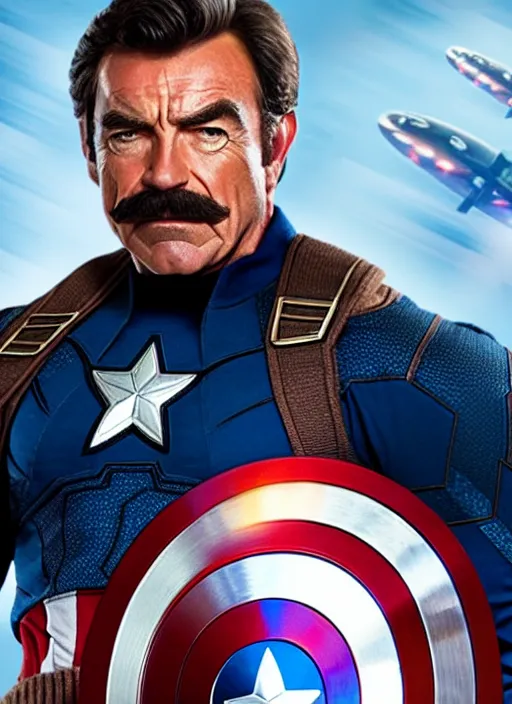 Image similar to film still of tom selleck as captain america in avengers endgame, 4 k