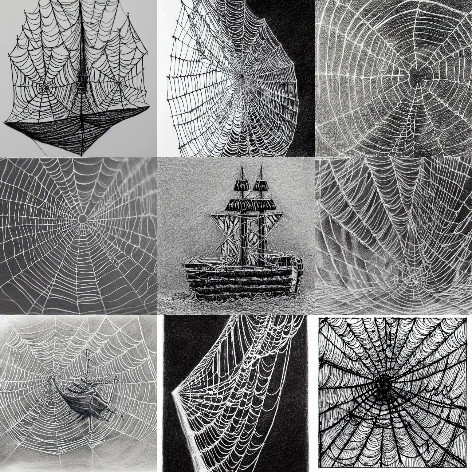 Prompt: ship in spiderweb clothes. pencil drawing