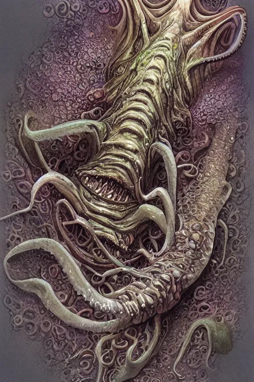 Image similar to eldritch biomechanical axolotl tentacle fish shoggoth, mouths, eyes, masterpiece, intricate, elegant, highly detailed, digital painting, smooth, sharp focus, illustration, art by james gurney, graeme base, brian froud, alan lee