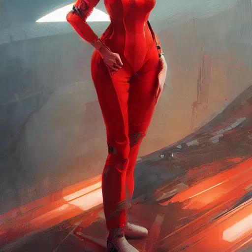 Image similar to a female wearing a red mechanics jumpsuit, intricate, elegant, highly detailed, digital painting, artstation, concept art, smooth, sharp focus, illustration, art by artgerm and greg rutkowski and alphonse mucha, 8 k