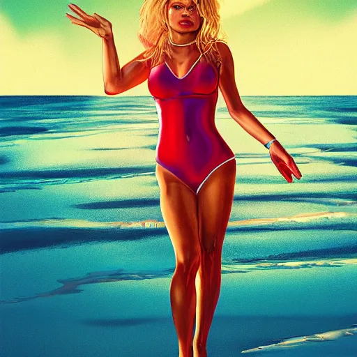 Image similar to surreal pamela anderson on baywatch beachside in chromatic distortions in mysterious place, beautiful, psychedelic, lsd, trending on artstation, artwork by Tran, Ross