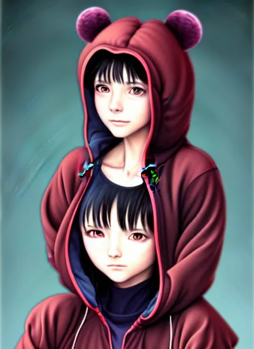 Image similar to a beautiful portrait painting of lain from serial experiments : lain wearing a bear onesie. character design by shinji aramaki, charlie bowater, ross tran, artgerm, and makoto shinkai