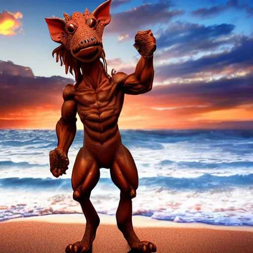 Prompt: a tall, muscular kobold standing in the crashing waves on a beach, sunset, realistic, romantic, enchanting, dreamy, IMAX