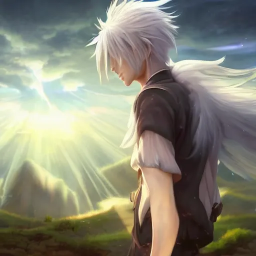 Prompt: a handsome prince, white fringy hair, backlit, incredible lighting, strong rim light, subsurface scattering, realistic anime, by Heise Jinyao, Heise-Lian Yan Fang, Feimo, Richard Taddei, epic beautiful landscape, highly detailed, god rays, digital painting, HDRI, by Noah Bradley, vivid colors, high contrast, 8k resolution, intricate, photorealistic