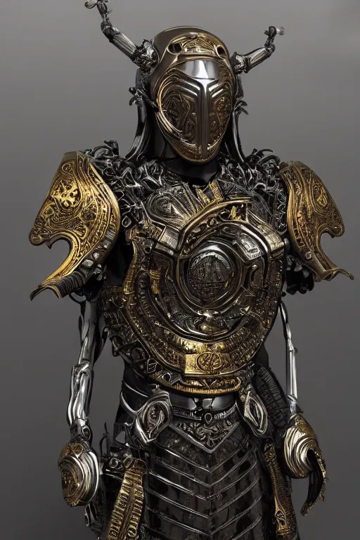 Image similar to hyper realistic glorious ancient celtic god in a obsidian metal armor, futuristic design, designed by makoto kobayashi and luca zampriolo, portrait, cyberpunk style, wood and gold details, intricate, extremely detailed, ornate, deep of field, hard surface, exoskeleton, substance designer metal