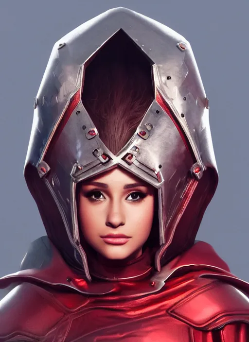 Image similar to Ariana Grande wearing metal and leather fantasy battle armor with a red cloak by Ilya Kushvikov, symmetrical face concept art, octane render unreal engine meta humans, artstation