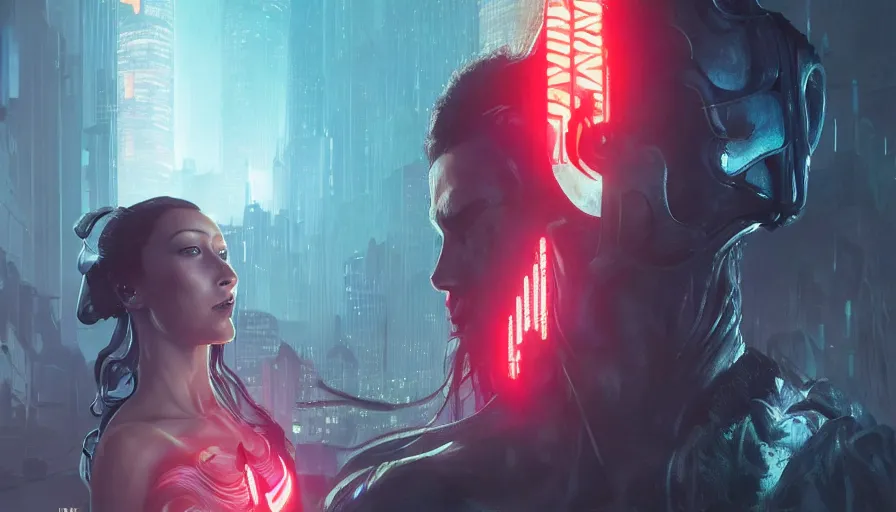 Image similar to altered carbon, bella hadid, sweaty, tech, warhammer, neon, lord of the rings, intricate, highly detailed, digital painting, artstation, concept art, smooth, sharp focus, illustration, unreal engine 5, 8 k, art by artgerm and greg rutkowski and alphonse mucha