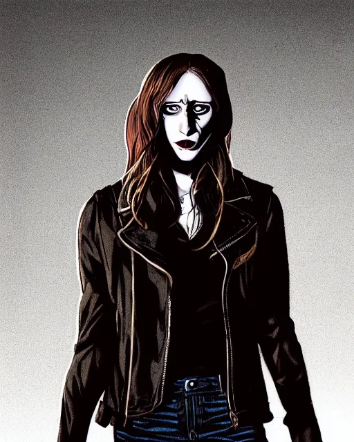 Prompt: in the style of Rafael Albuquerque comicbook art and Joshua Middleton, moody lighting, beautiful evil vampire Taissa Farmiga, sharp vampire fangs, evil smile showing fangs, symmetrical eyes, realistic face, symmetrical face, brown leather jacket, jeans, long black hair, full body