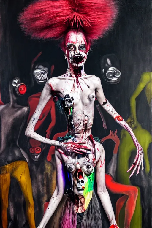 Image similar to crazy fashion catwalk, freak show, one model, crazy clothes, biopunk style, horror, hauntingly surreal, highly detailed painting by francis bacon, edward hopper, adrian ghenie, gerhard richter, and james jean soft light 4 k