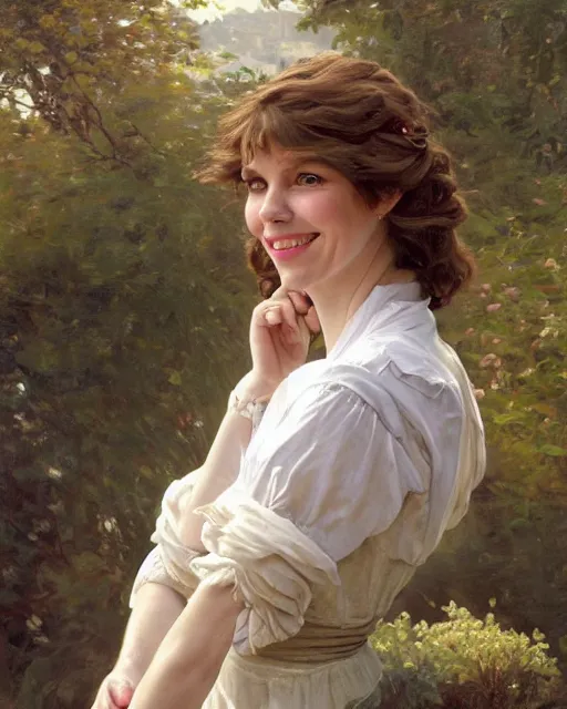 Prompt: a portrait painting of sabrina lloyd / perdita weeks / nicole de boer hybrid, gentle expression, smiling, elegant clothing, scenic background, oil painting, elegant clothing, scenic background, extremely detailed and lifelike, artgerm, greg rutkowski, alphonse mucha, vladimir volegov, adolphe bouguereaum, greg hildebrandt