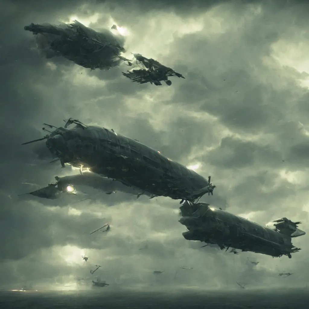 Image similar to screenshot from a renaissance airship cyberpunk cinematic masterpiece, hurricane tornado mist hail debris flying lightning, fps, cinematography, photo, photography, 4 k, by greg rutkowski, roger deakins