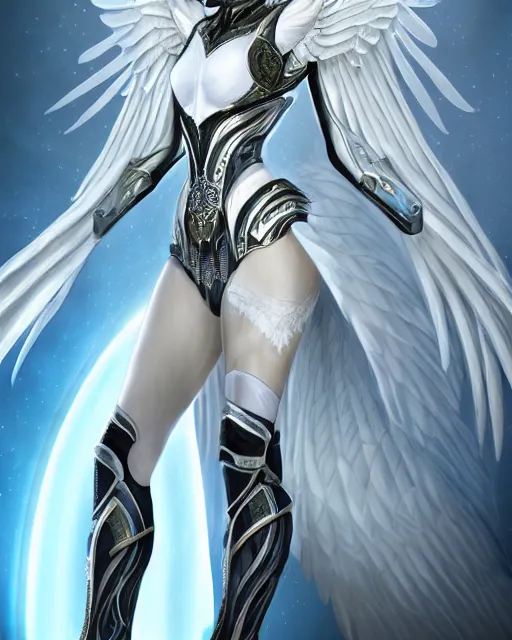 Image similar to perfect ornate white haired attractive egyptian goddess with huge white dove wings, warframe armor, beautiful, symmetric, dreamy, half asian, pretty face, blue eyes, detailed, scifi platform, laboratory, experiment, 4 k, ultra realistic, epic lighting, android body, illuminated, cinematic, masterpiece, art by akihito tsukushi, voidstar