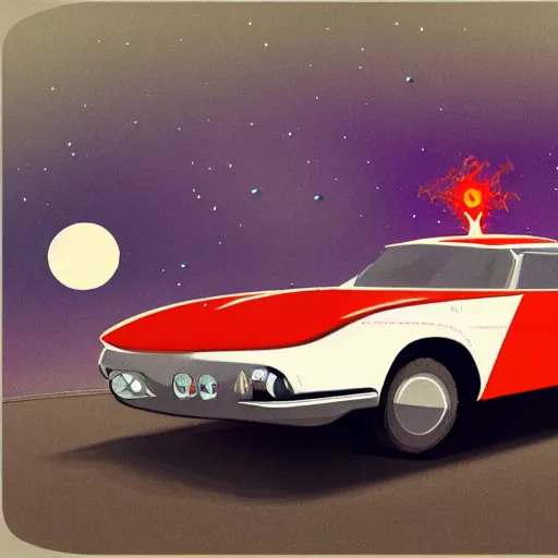 Image similar to 1960s car on a road in space driving towards a planet, trending on art station