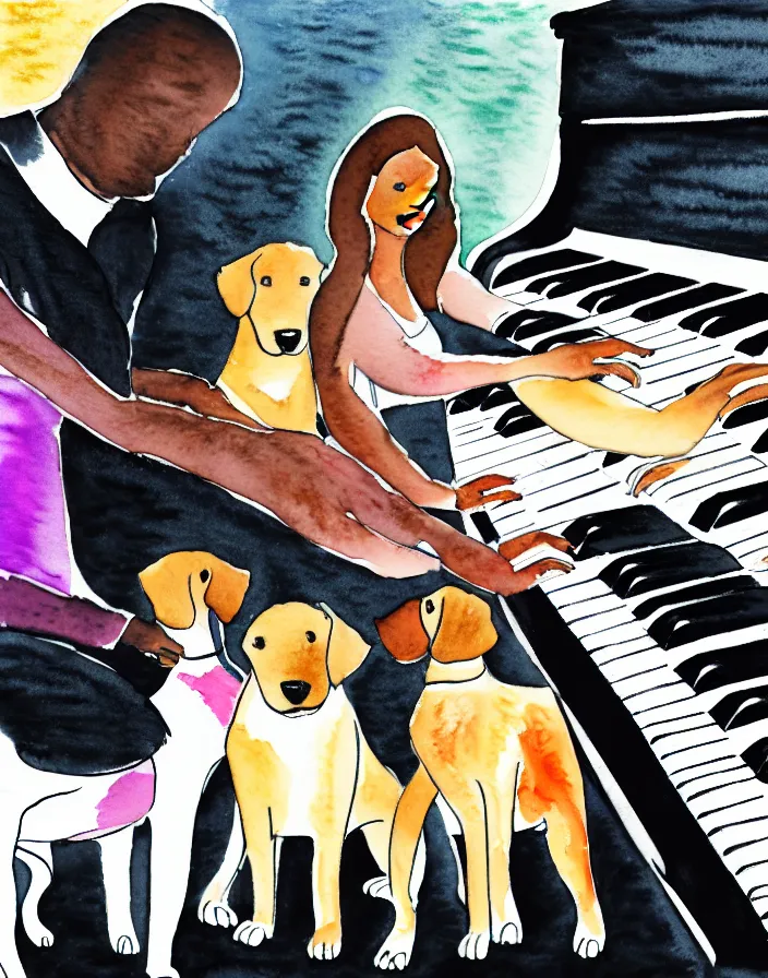 Image similar to a white person and a black person near the piano keyboard with two dogs water colors