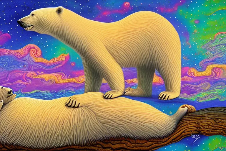 Image similar to a relaxed polar bear looking to the sky by lisa frank, alex grey, flooko, acrylic, digital art, painting,