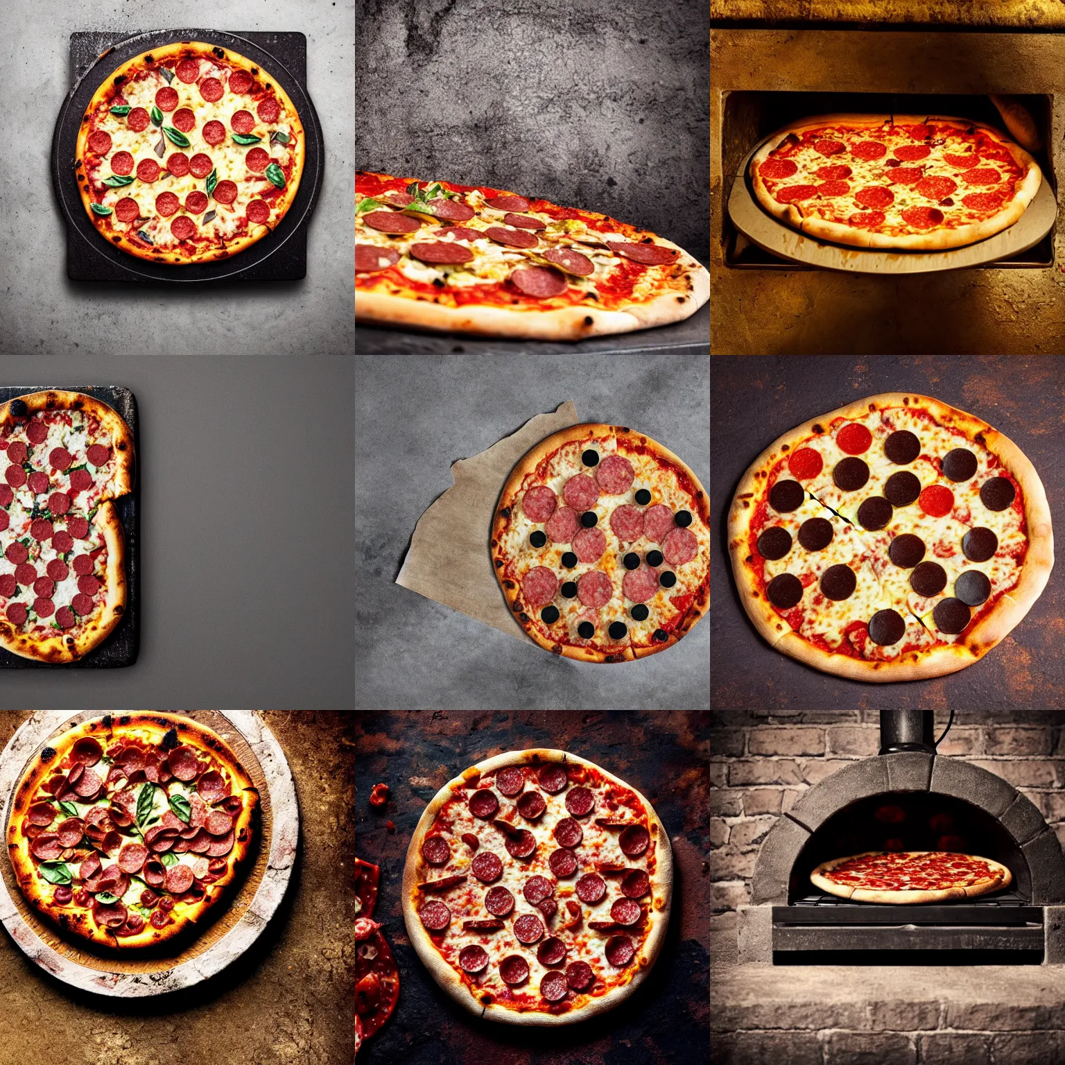 Prompt: a pizza salami in a stone oven, dark background, rich detail, high contrast, warm colors,