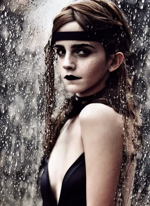 Prompt: Emma Watson for Victorian Secret, perfect face, hot summertime goth in the rain, full length shot, XF IQ4, 150MP, 50mm, f/1.4, ISO 200, 1/160s, natural light, Adobe Photoshop, Adobe Lightroom, DxO Photolab, Corel PaintShop Pro, rule of thirds, symmetrical balance, depth layering, polarizing filter, Sense of Depth, AI enhanced