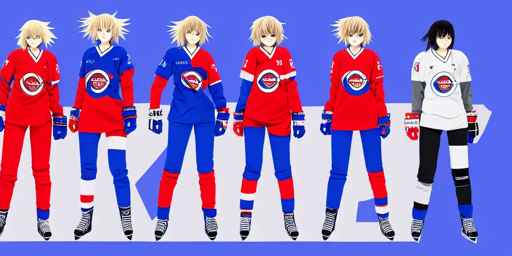 Image similar to females akira anime cyberpunk super star ice hockey players, wearing a light futuristic habs jersey, blue white and red color blocking, character concept exploration, outfit designs, trending on artstation, photorealistic, 8k