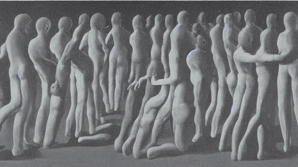 Prompt: A vintage scientific illustration from the 1970s of humans forming a cavern with their bodies by René Magritte