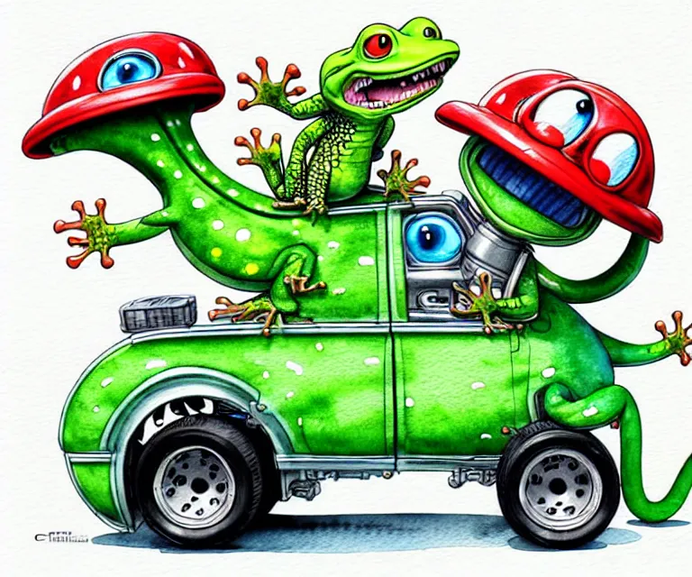 Prompt: cute and funny, gecko wearing a helmet riding in a hot rod with oversized engine, ratfink style by ed roth, centered award winning watercolor pen illustration, isometric illustration by chihiro iwasaki, edited by range murata, tiny details by artgerm and watercolor girl, symmetrically isometrically centered, sharply focused