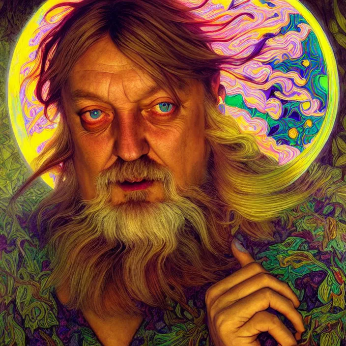Prompt: bright psychedelic photo of robert wyatt tripping on lsd, diffuse lighting, fantasy, intricate, elegant, highly detailed, lifelike, photorealistic, digital painting, artstation, illustration, concept art, smooth, sharp focus, art by John Collier and Albert Aublet and Krenz Cushart and Artem Demura and Alphonse Mucha